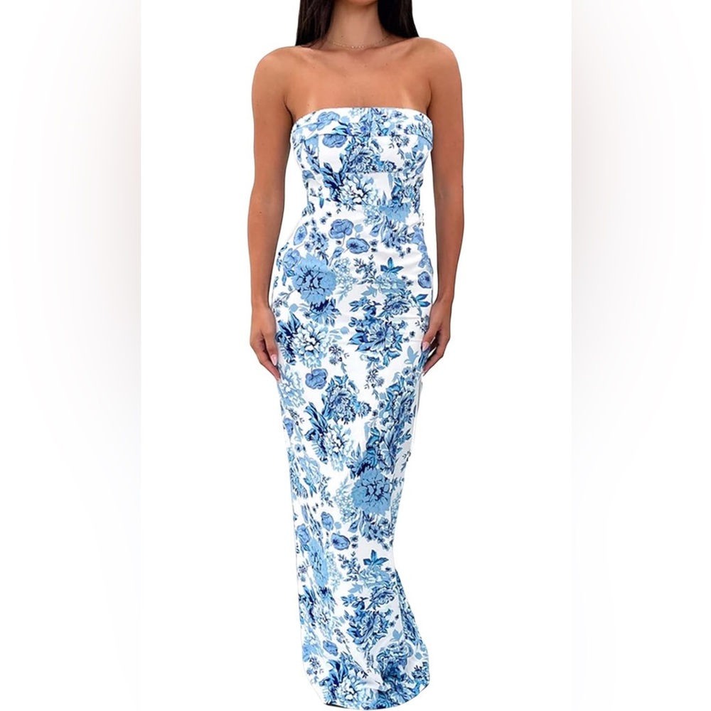 Blue and white strapless maxi dress size small